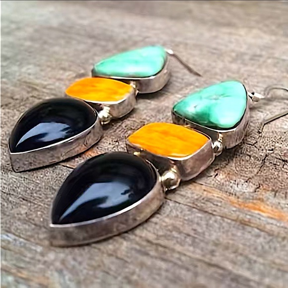 Silver Vintage Stone Boho Geometric Dangle Earrings - Picture 2 of 5